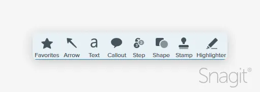 Favorites, arrow, text, callout, step, shape, stamp, and highlighter tools in the snagit toolbar.