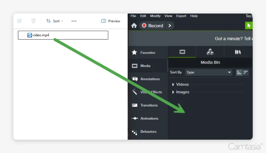 Importing a video from your files explorer to Camtasia.