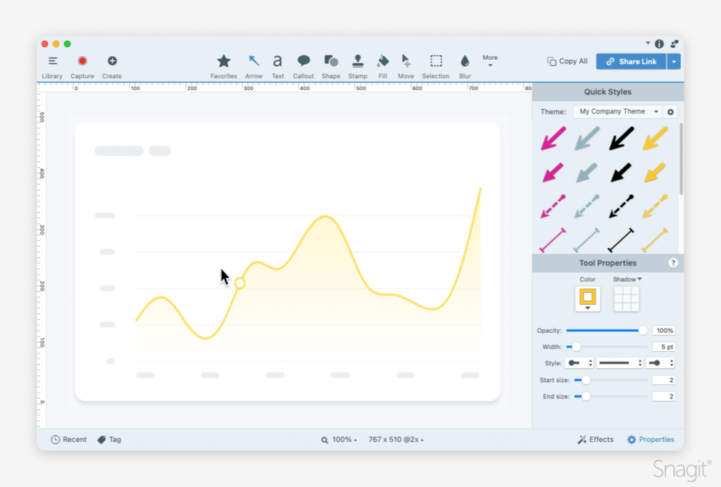 Snagit interface with a simplified chart on the workspace and editing options