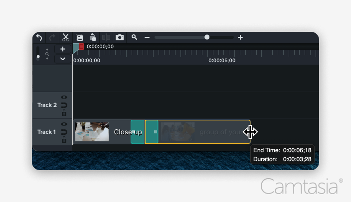 Selecting part of a track in the Camtasia editor.