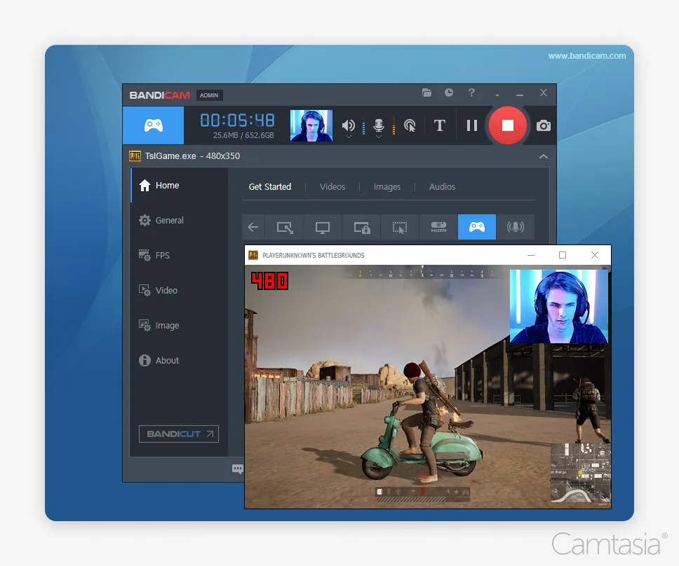 the interface of two software applications layered on top of each other. The primary software interface in the background is OBS alternative Bandicam, while the secondary, smaller window in the foreground shows gameplay from the video game.