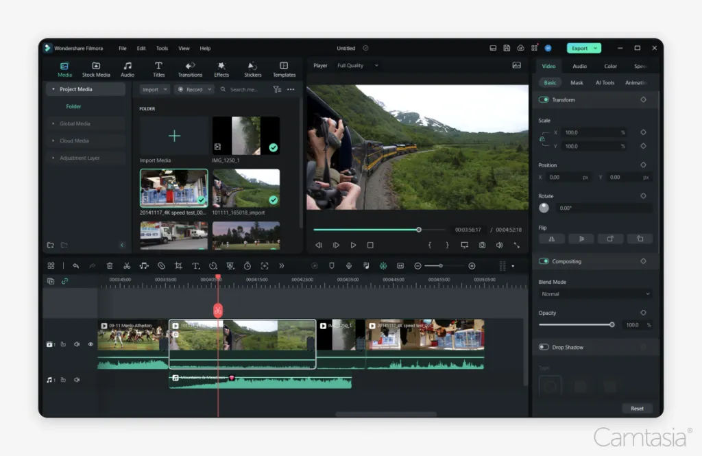 OBS alternative Wondershare Filmora video editing software with media library, video preview, editing tools, and timeline.