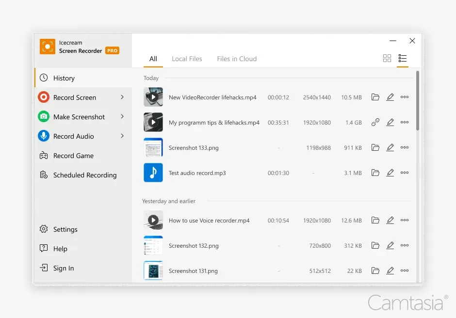 OBS alternative Icecream Screen Recorder interface, specifically the History tab. The interface has a clean and organized layout with a predominantly white and gray color scheme.