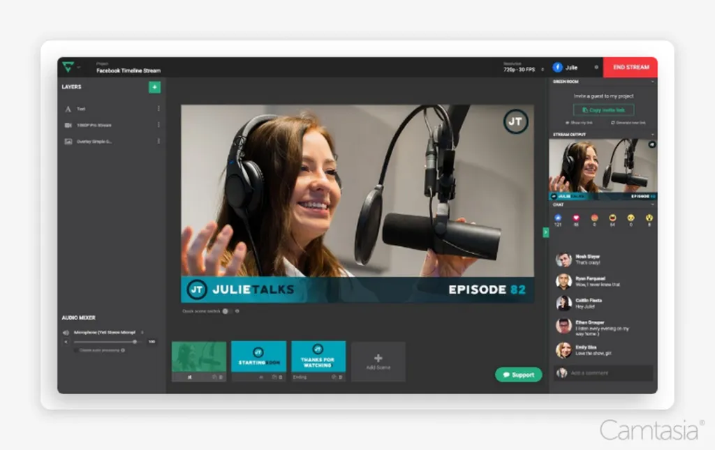OBS alternative Lightstream software interface showing a woman recording a podcast with elements like layers, audio mixer, chat, and scenes.