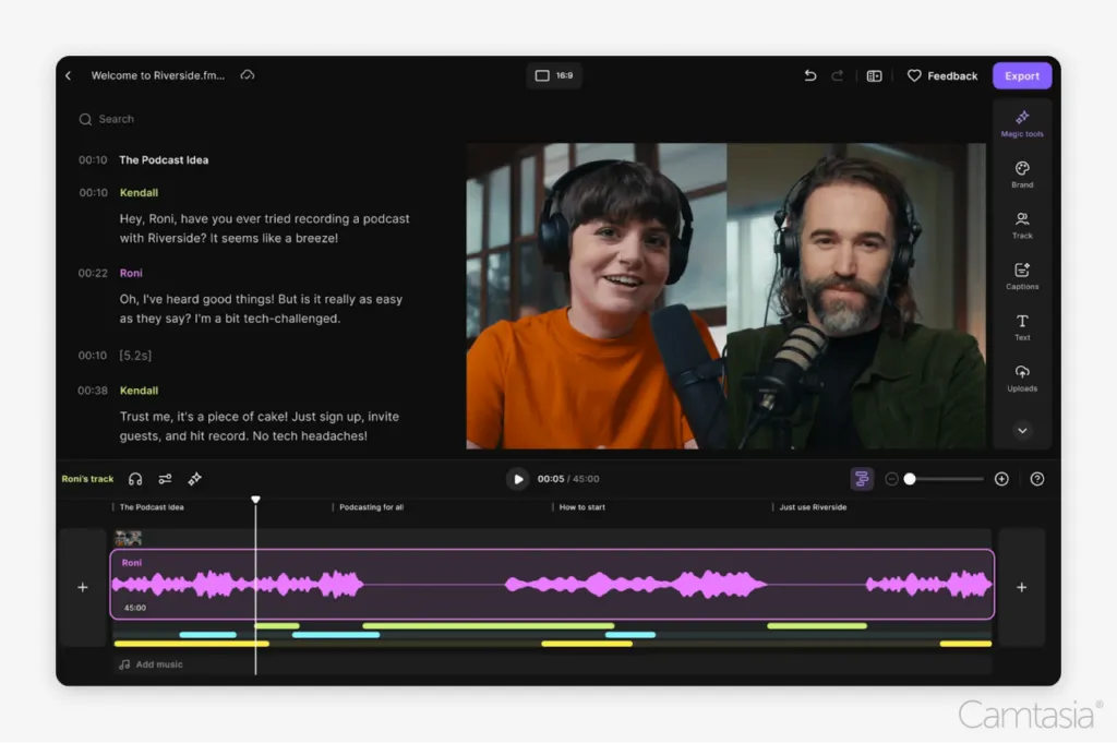 OBS alternative Riverside.fm's software interface displaying a video of two individuals with microphones and a transcription of their conversation.