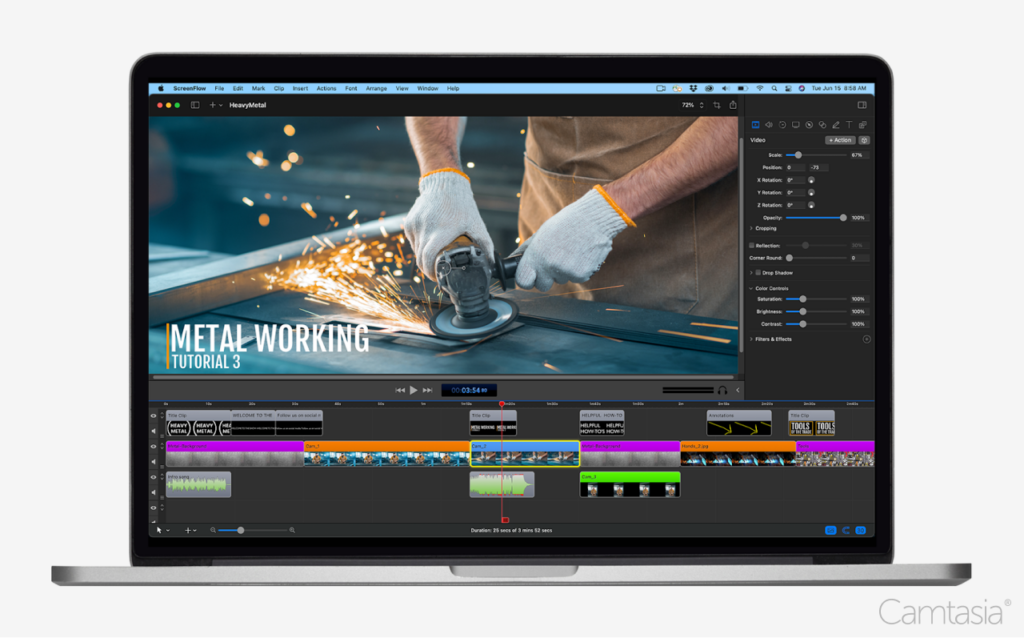 Laptop showing OBS alternative Screenflow software interface with a metal working tutorial video.