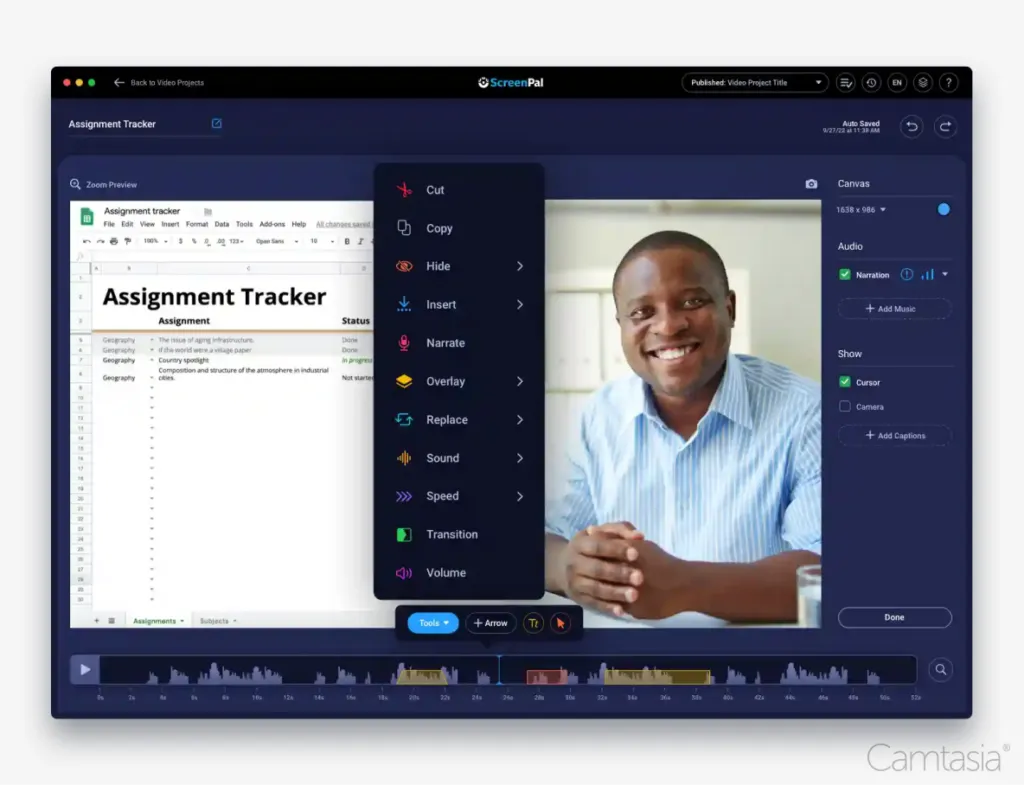 OBS alternative Screenpal software interface showing an assignment tracker spreadsheet, a smiling man, and an editing toolbar with options like Cut, Copy, and Narrate.