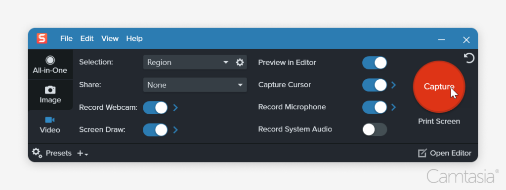 Snagit interface with options for selection, sharing, recording, and a large "Capture" button.