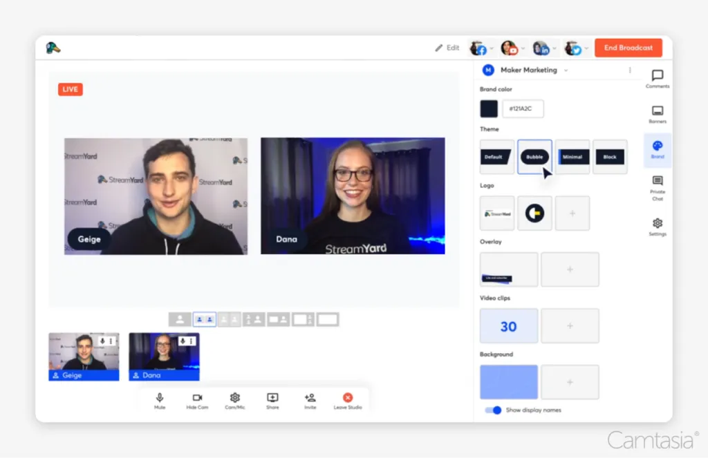 OBS alternative Streamyard interface with two participants, a man labeled 'Geige' and a woman labeled 'Dana', and a customized options menu on the right.