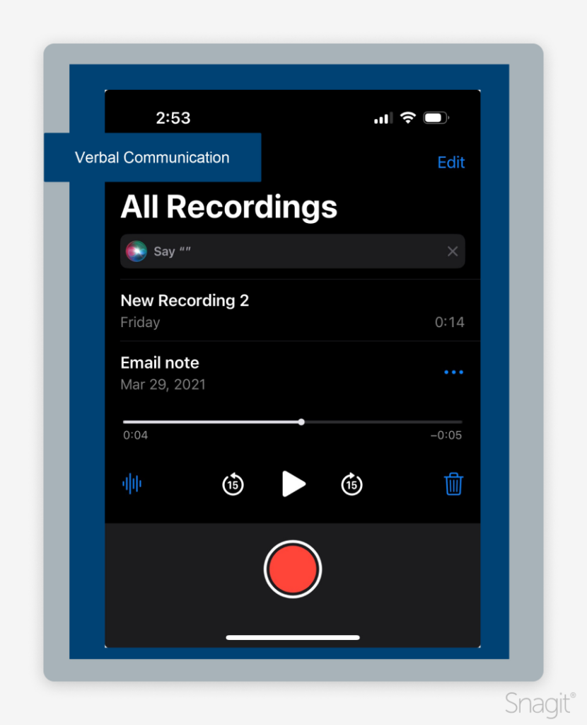 Voice memo screen with overlay of 'Verbal Communication'