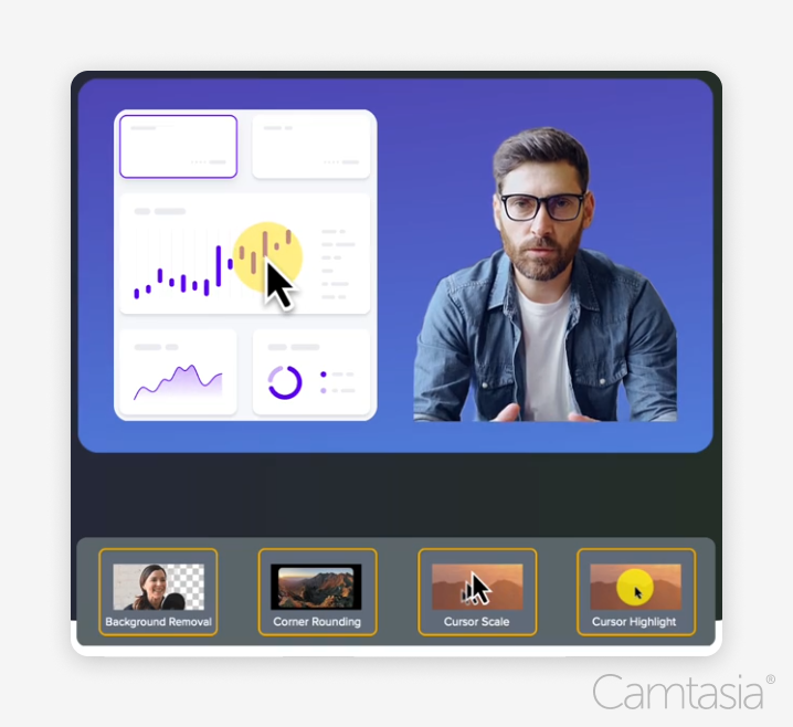 Camtasia Rev interface with screen and webcam recordings