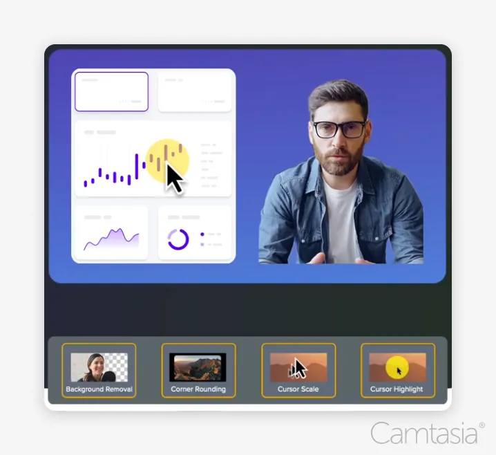 Camtasia Rev interface with screen and webcam recordings