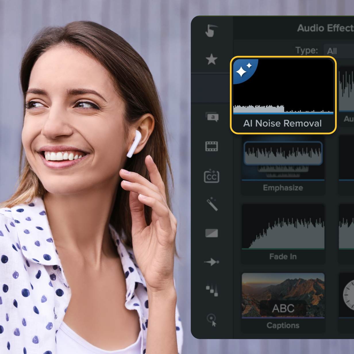 A happy person listening to their voice with the AI noise removal applied.
