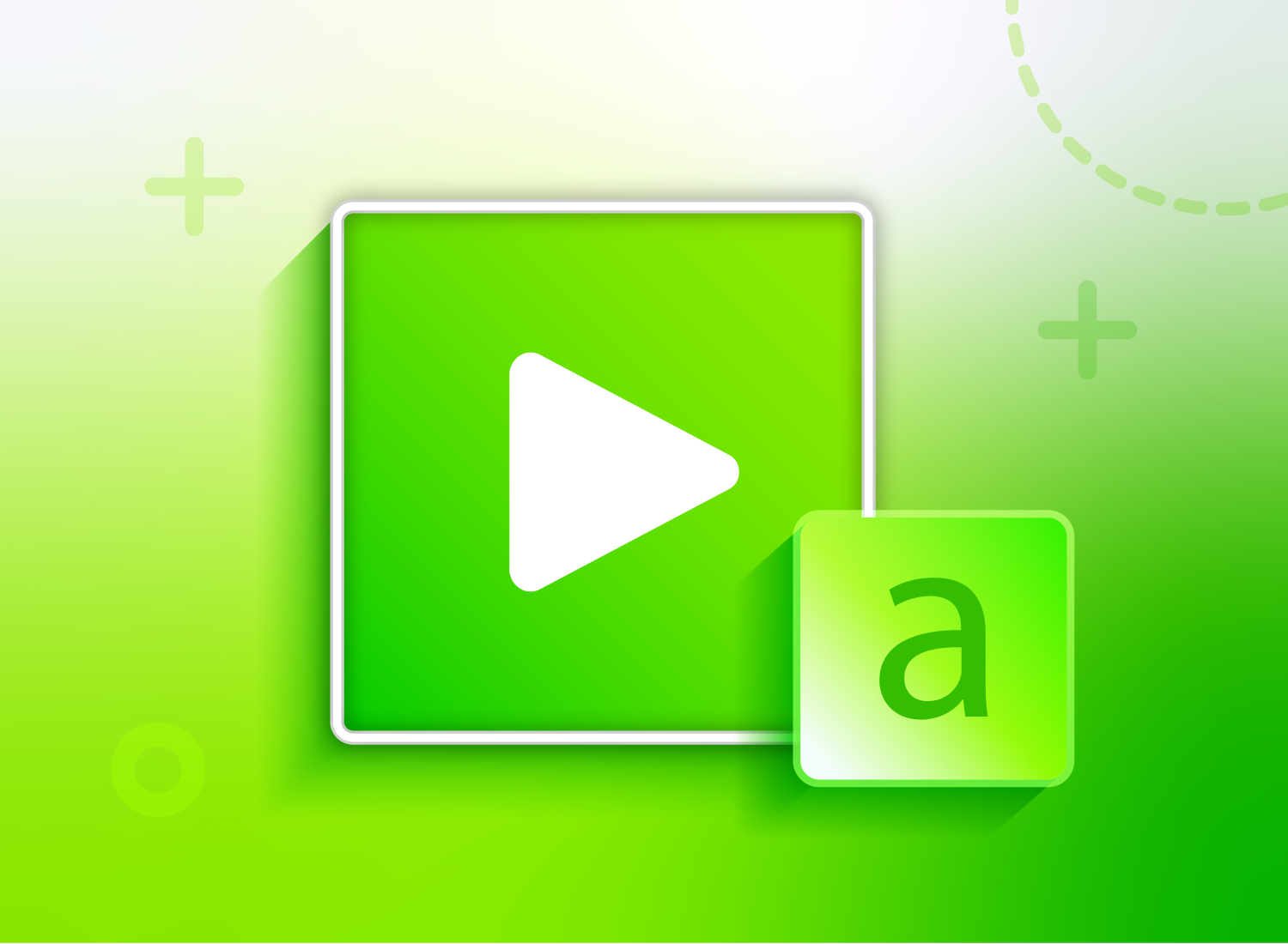 a green square with a white play button icon in the center, representing video playback. Next to it is a smaller green square containing the letter "a," symbolizing text.