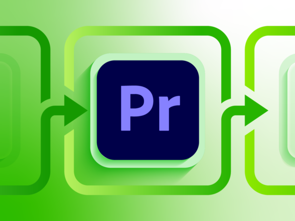 The Adobe Premiere logo with arrows on either side of it.