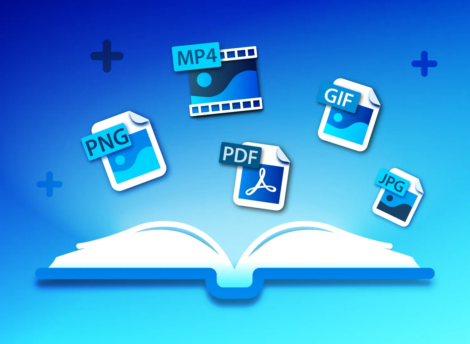 An open book with various file formats floating above it, including PNG, MP4, PDF, GIF, and JPG.