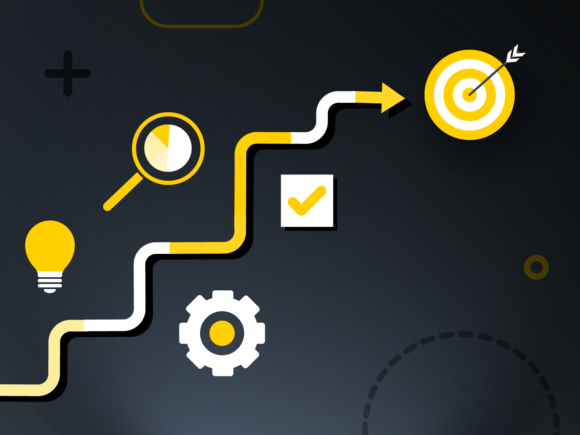 An arrow stepping up and towards the right, with a gear and a checkbox along the path and a target at the end.