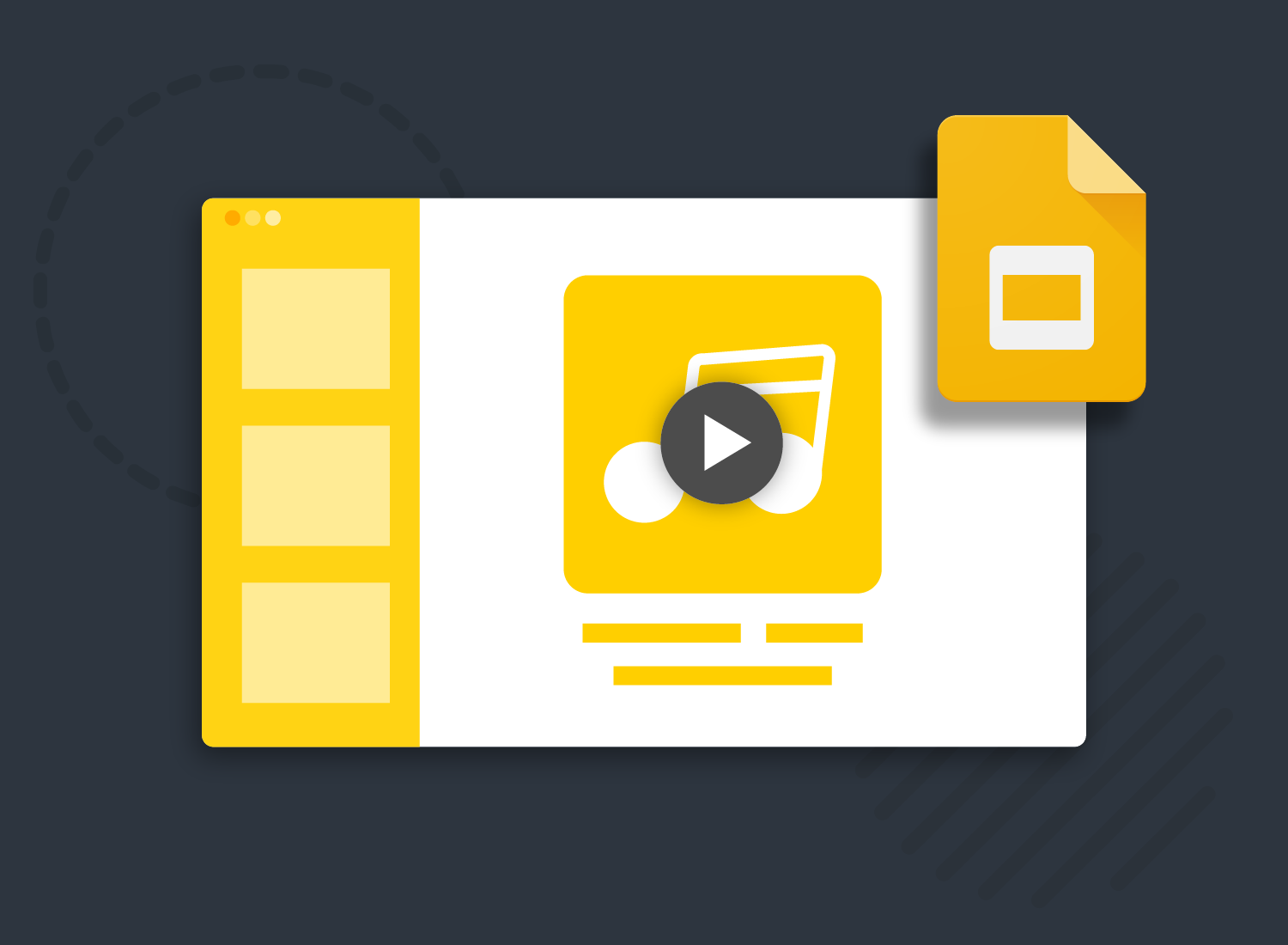 A Google Slides image with music notes and a Play button on the featured slide.