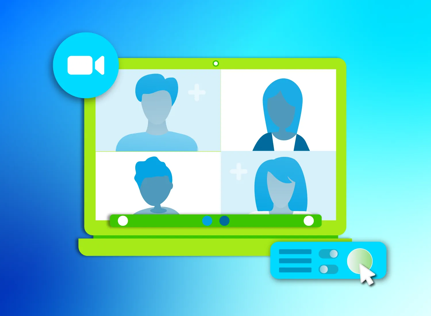 Illustration of a green laptop showing a four-person zoom call interface, with a blue camera icon and control panel.