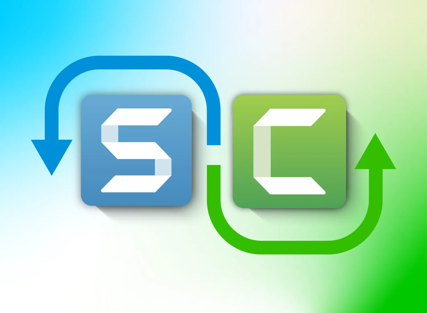 Snagit and Camtasia icons with arrows encircling them