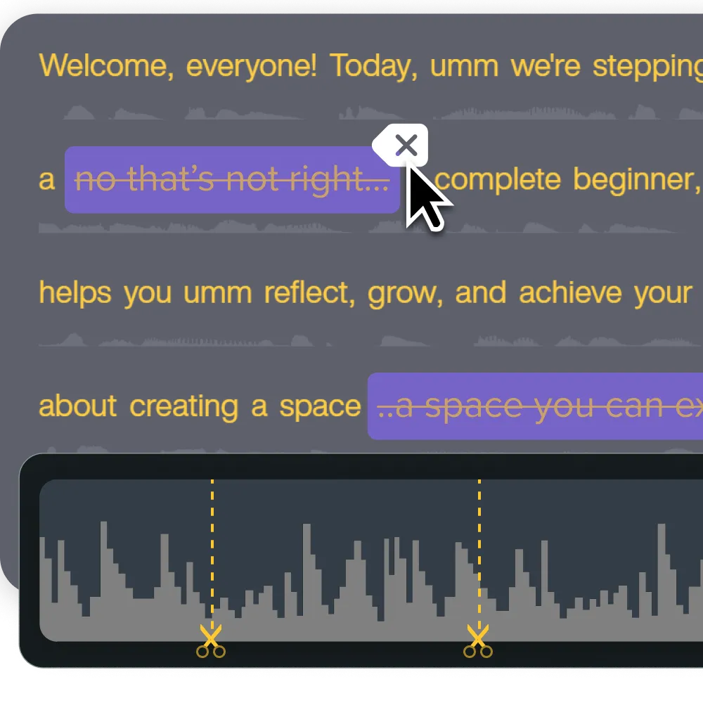 An image showing text being deleted in a doc and a corresponding timeline being cut