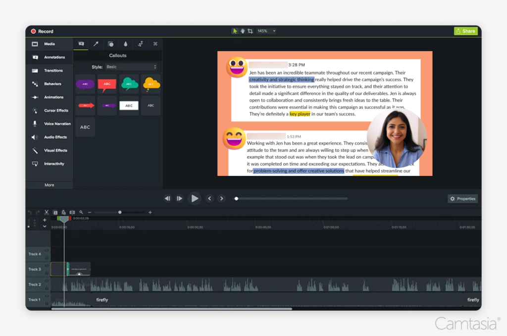 Camtasia interface with editing tools, a video preview with text annotations about a teammate named Jen, and a timeline at the bottom.