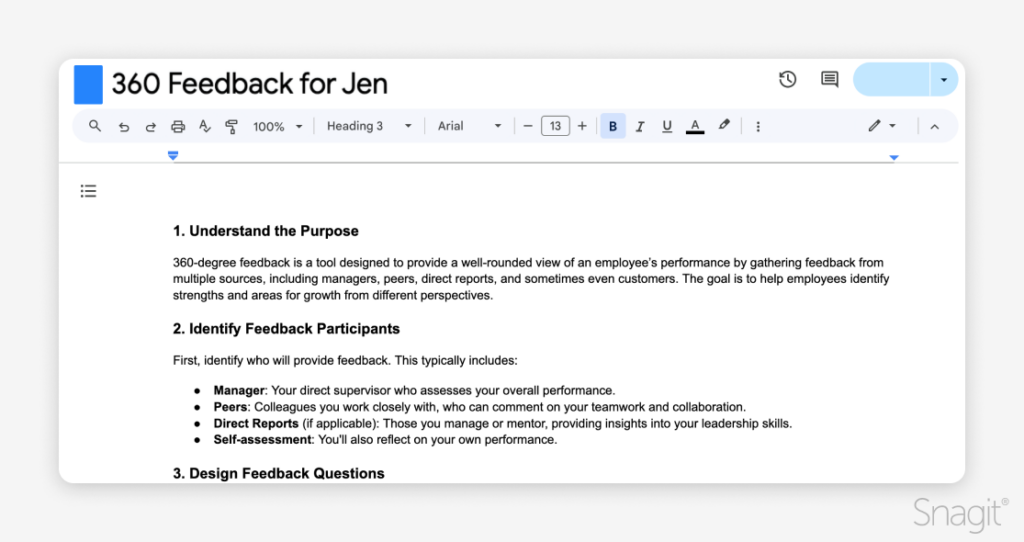 A document titled '360 Feedback for Jen' discussing the purpose and participants involved in a 360-degree feedback process.