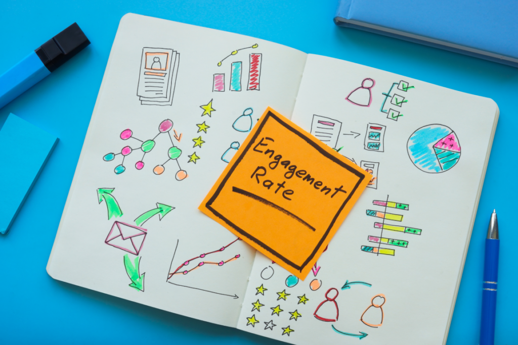 An open sketchbook with colorful doodle drawings of business graphs. An orange note that says 'Engagement Rate' is laying on top of the notebook.