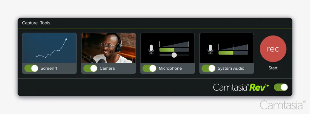 Snagit's software interface showing options for recording screen, camera, microphone, and system audio.