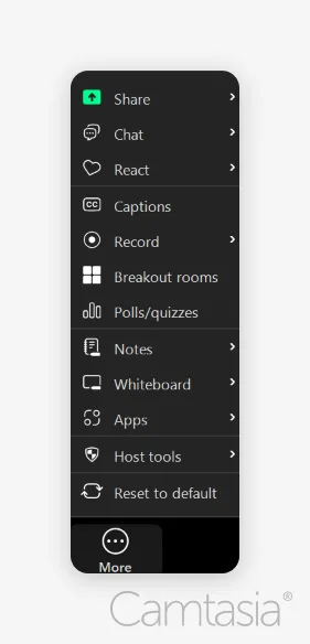 Zoom vertical menu interface with options for sharing, chat, captions, and more.