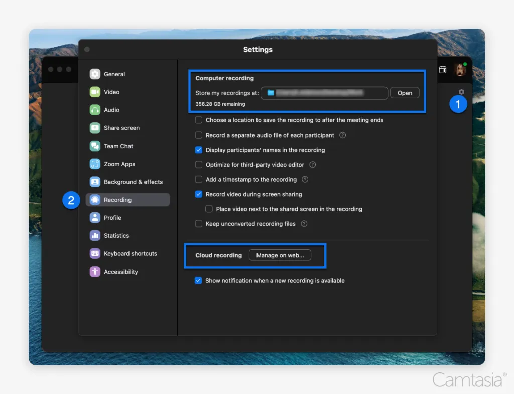 Zoom settings window focused on recording options with highlighted sections for computer and cloud recording.