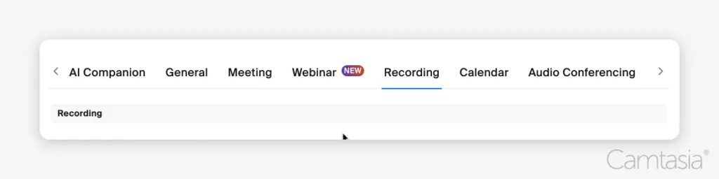 Zoom navigation menu with tabs: AI Companion, General, Meeting, Webinar, Recording, Calendar, Audio Conferencing. 'Recording' tab is selected.