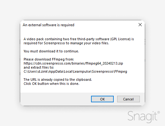 Error window stating internal software is required 
