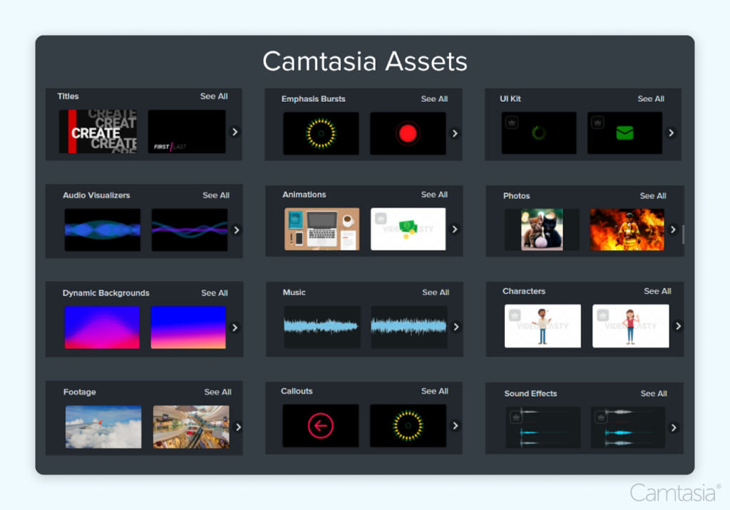 Screenshot of Camtasia Assets interface, displaying various asset categories in a grid layout.