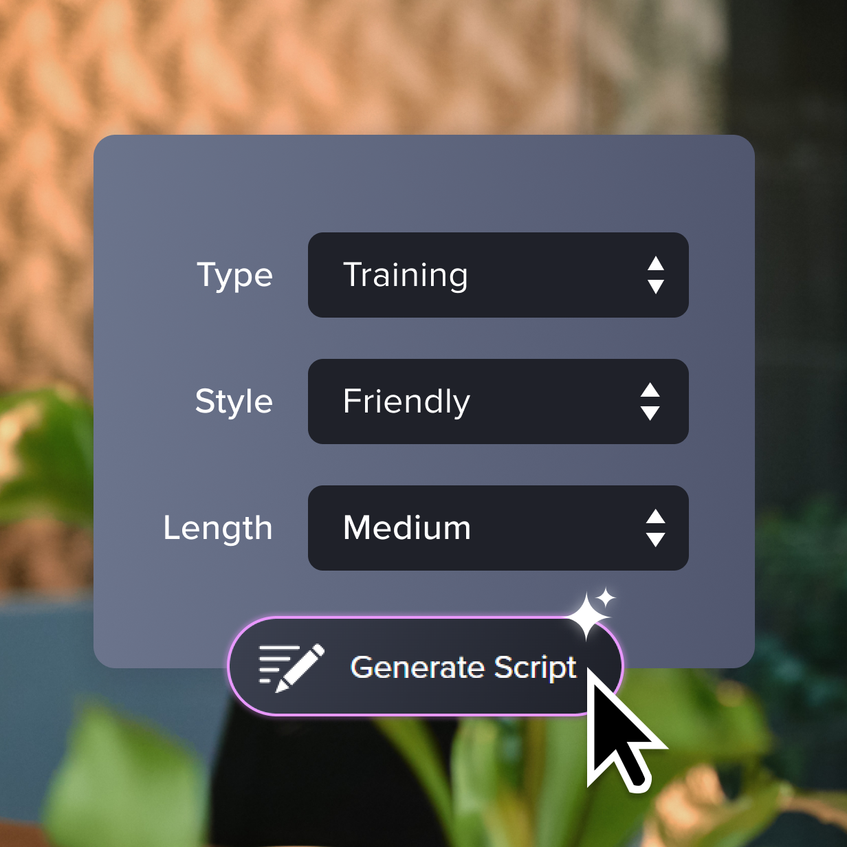 generate script box including type, style, and length options