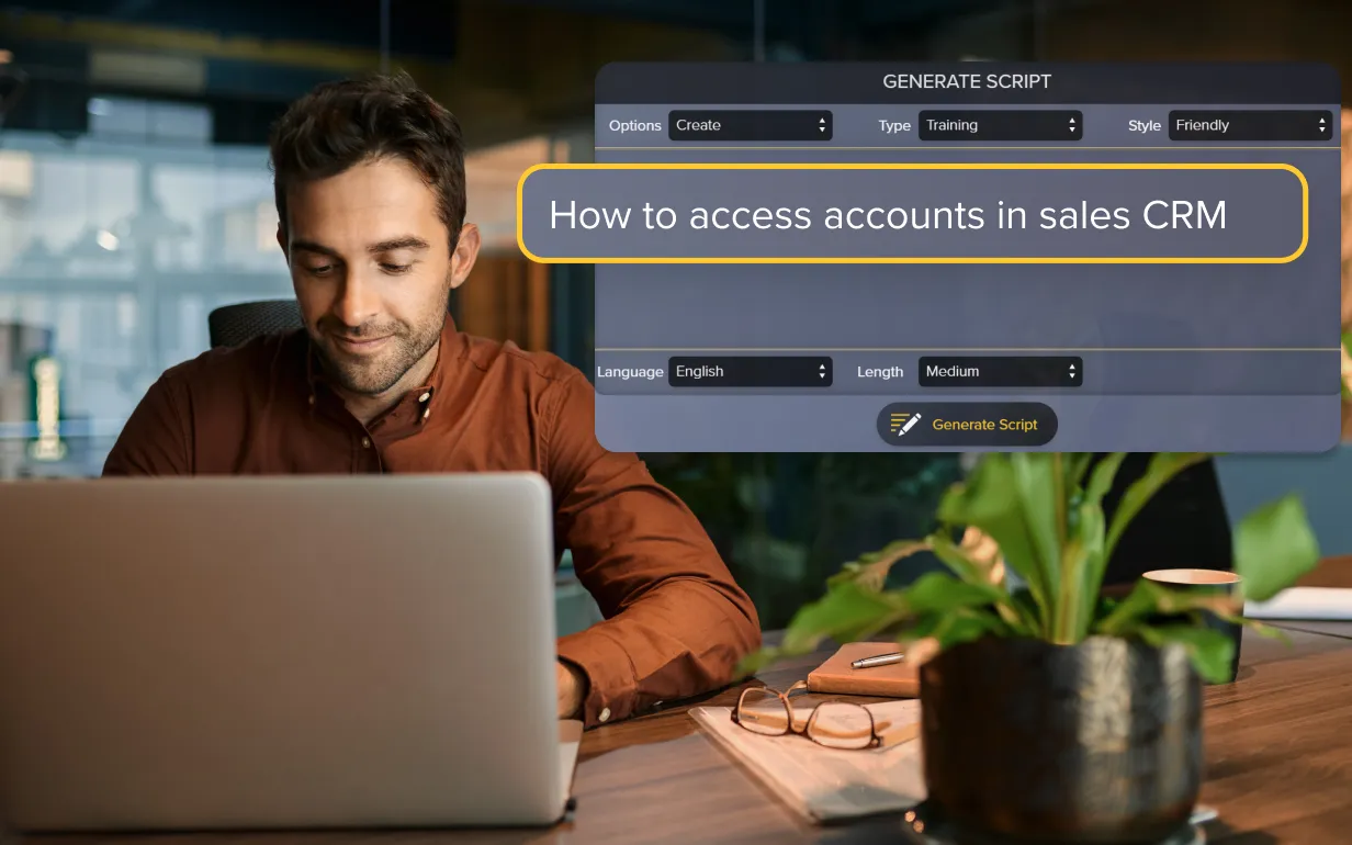 man on computer with "how to access accounts in sales CRM" in generate script window in Audiate