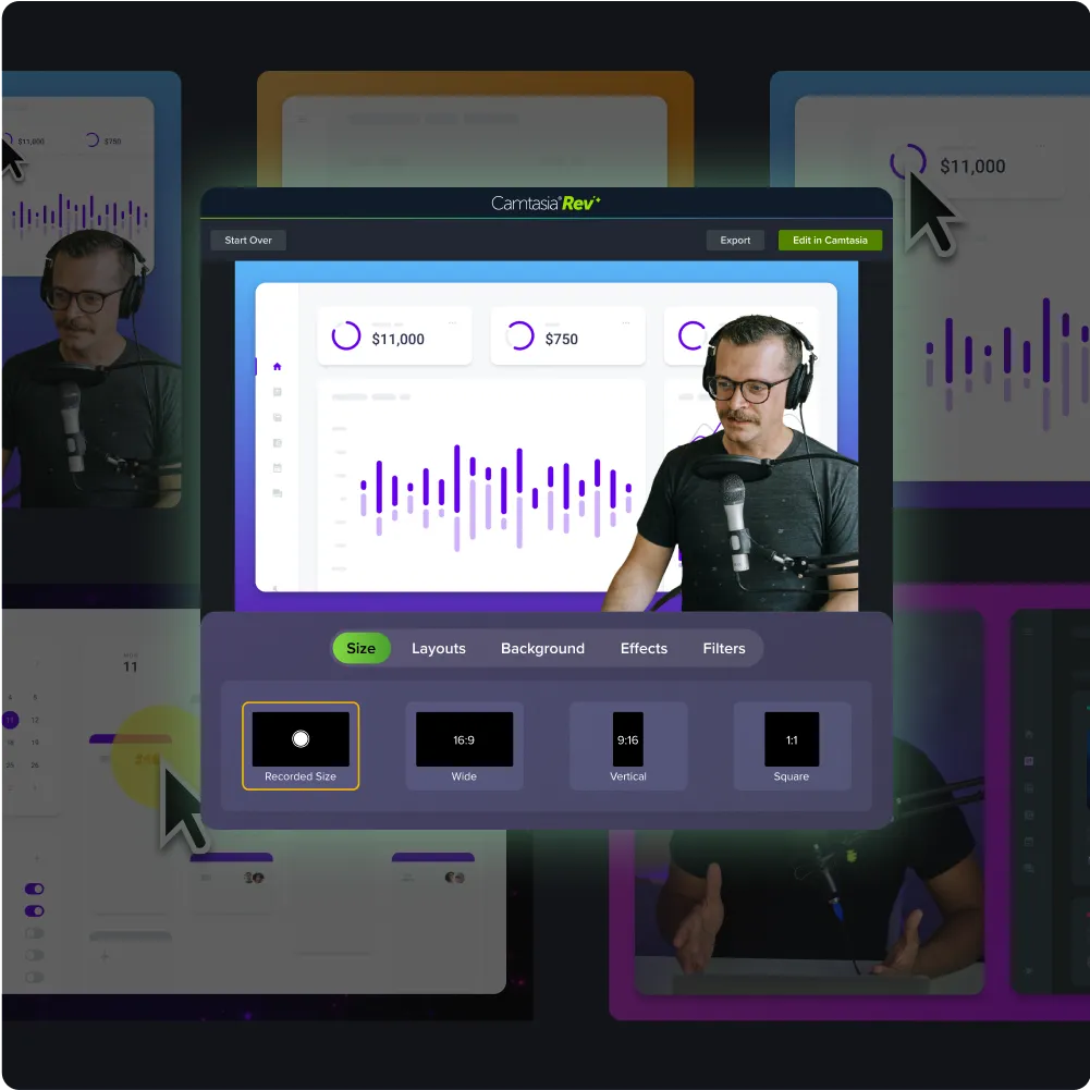 An image showing the rev interface overtop of examples of videos that were made using rev