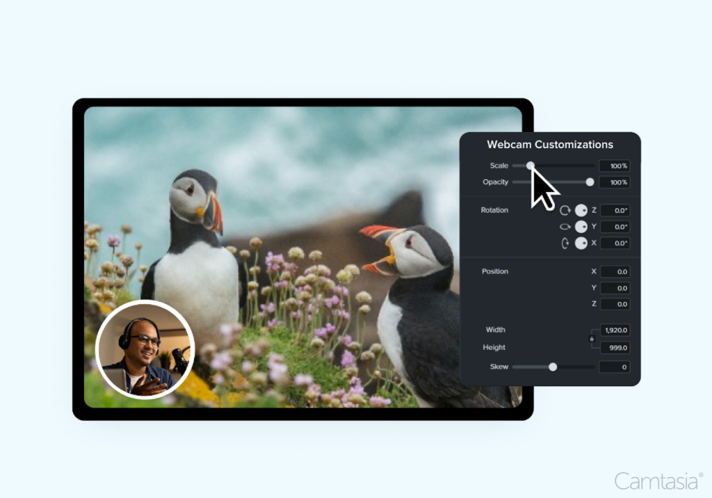A computer screen shows puffins on a grassy cliff, a webcam overlay of a person with a headset, and a webcam customization menu. Camtasia logo appears in the corner.