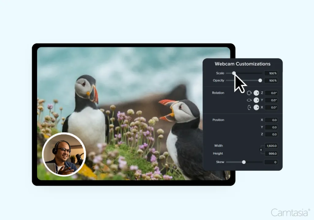 A computer screen shows puffins on a grassy cliff, a webcam overlay of a person with a headset, and a webcam customization menu. Camtasia logo appears in the corner.