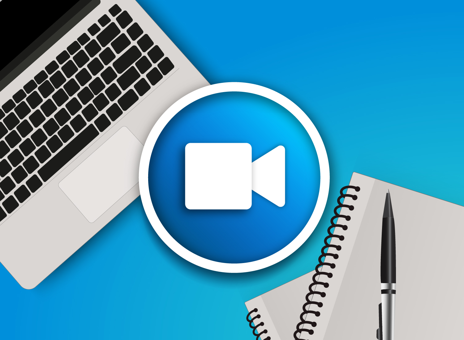 Laptop with notebook and pen next to a video recording icon on a blue background.