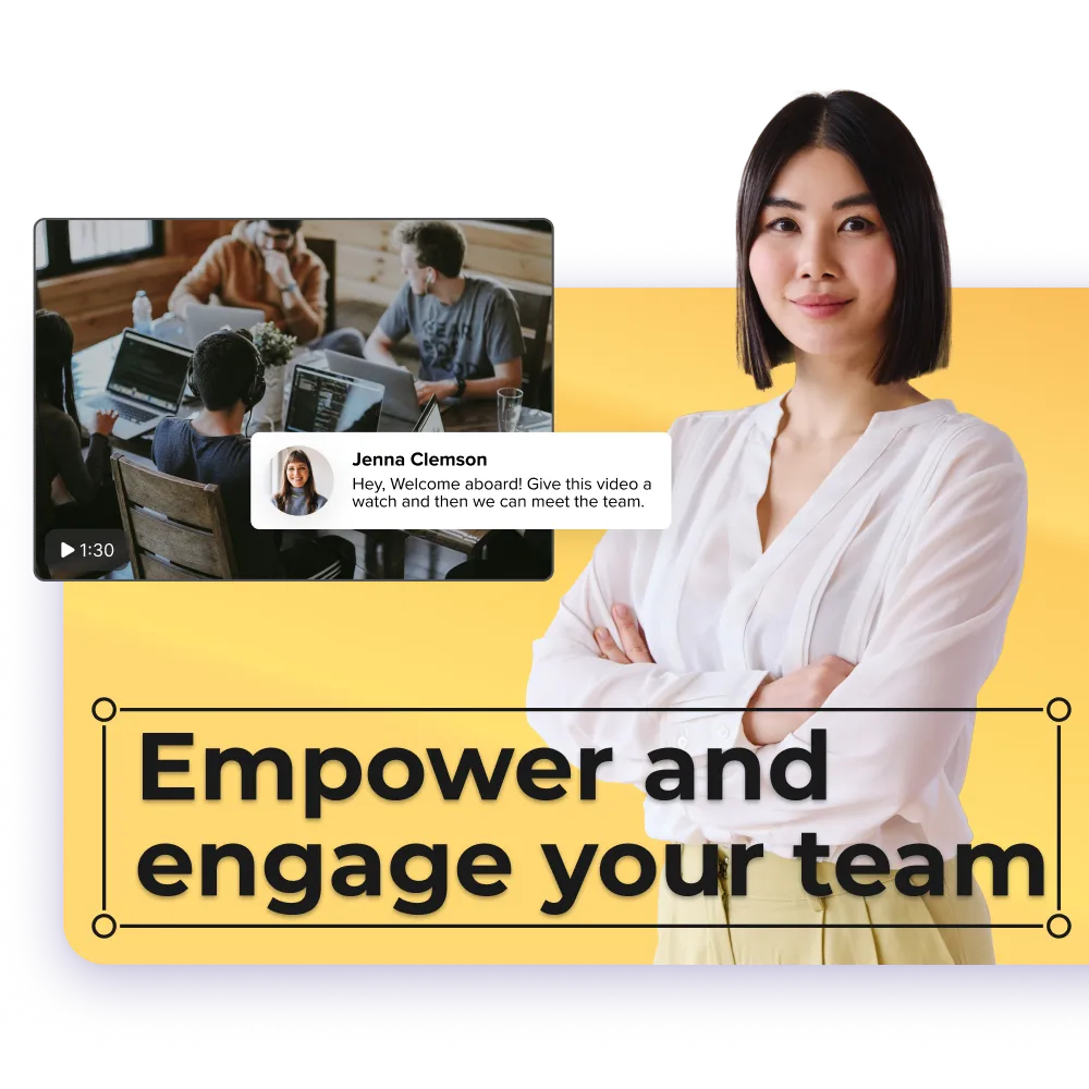 A professional woman with straight black hair, wearing a white blouse, stands confidently with arms crossed against a yellow background. Next to her is a smaller inset image of a casual office meeting, featuring three people working collaboratively on laptops. A text overlay in the meeting image says, 