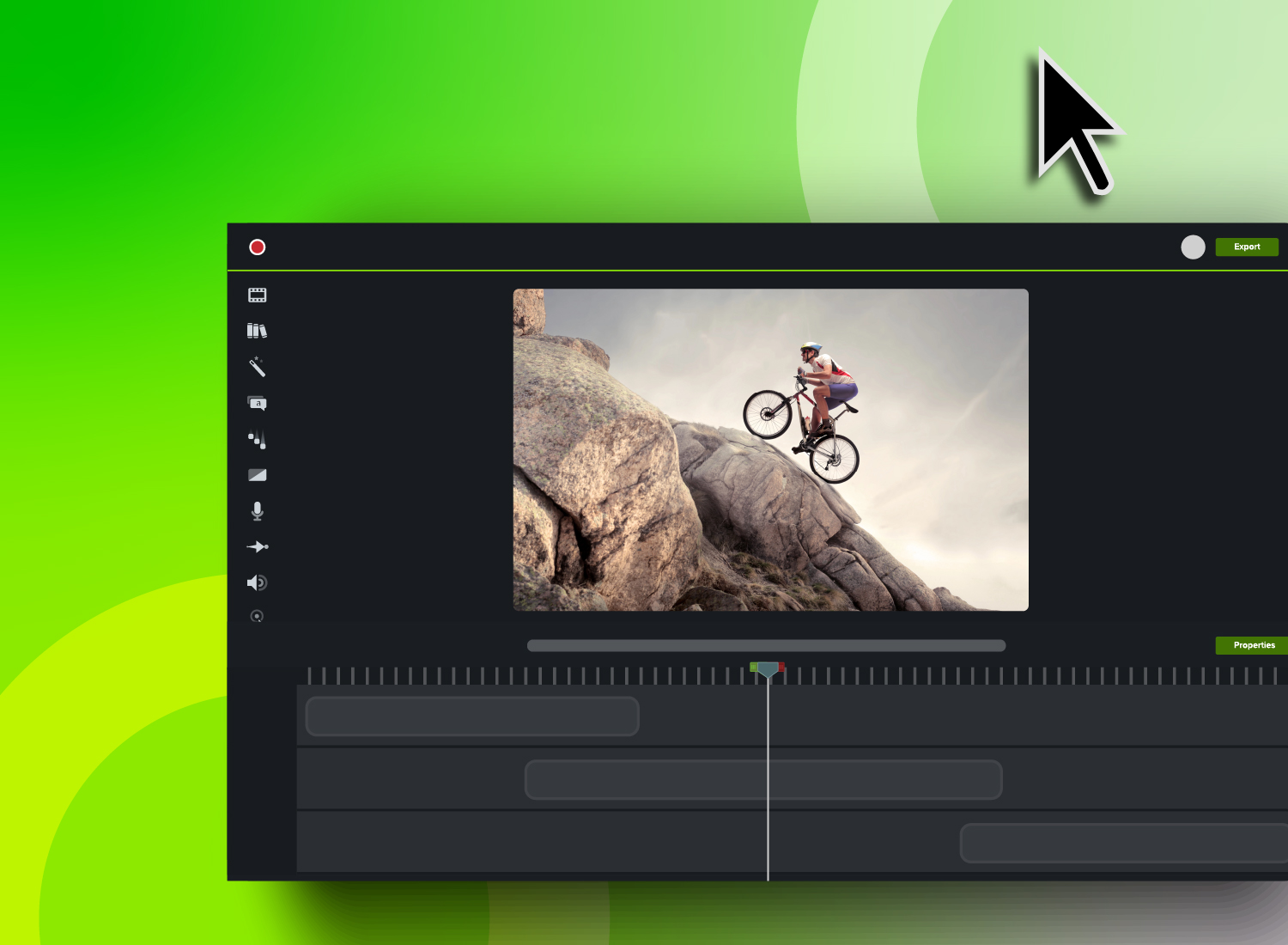 Video editing software interface showing a cyclist riding over rocks on a mountain trail.