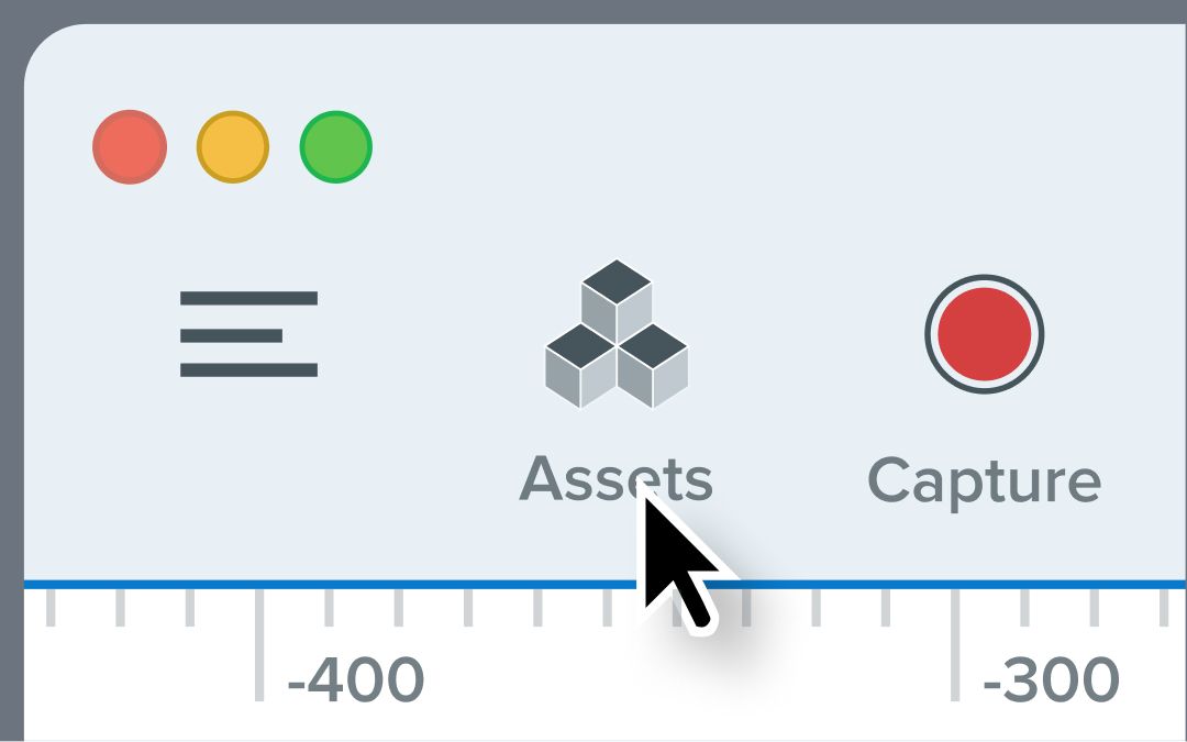 A cursor clicking on the Assets button in Snagit. 