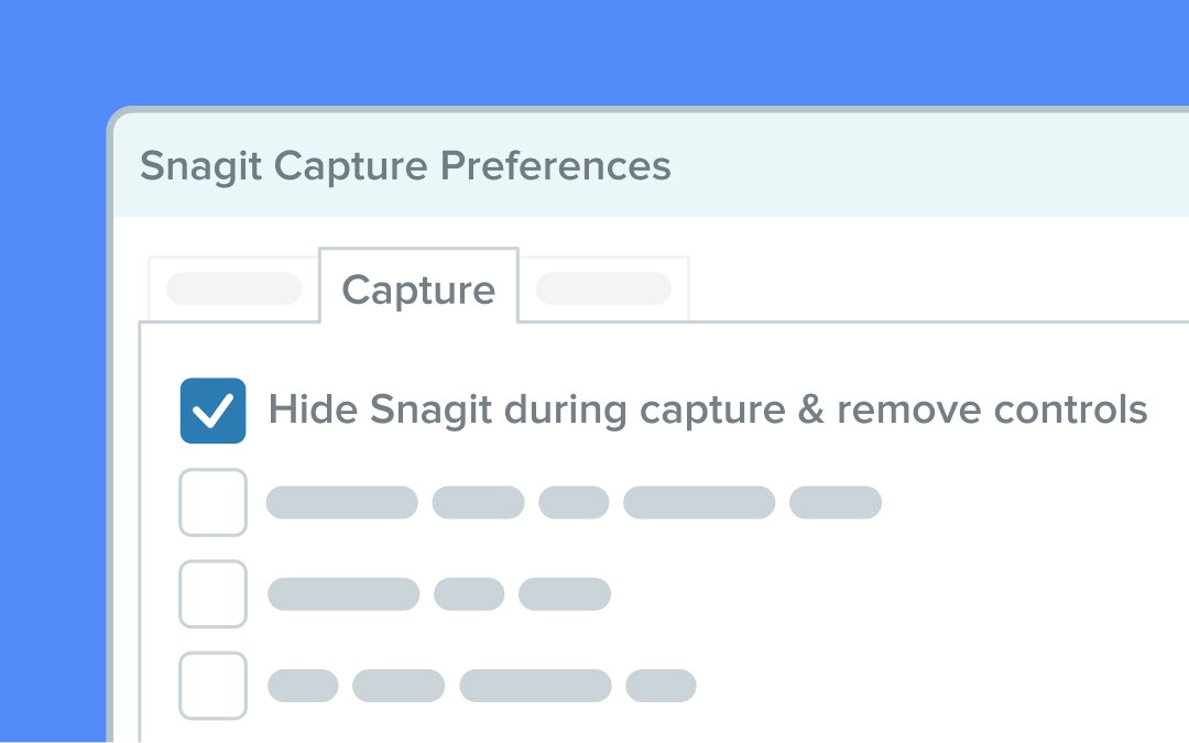 Snagit's  Capture Preference window with "Hide Snagit during capture & remove controls" selected. 
