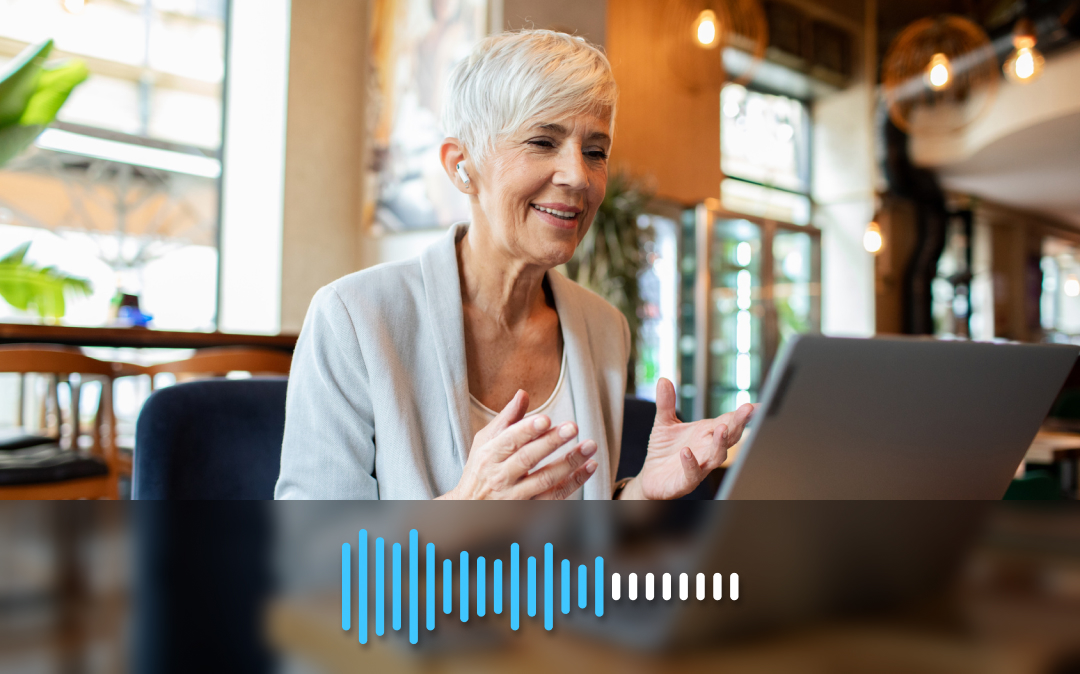 Woman at her laptop, speaking and an audio waveform graphic.