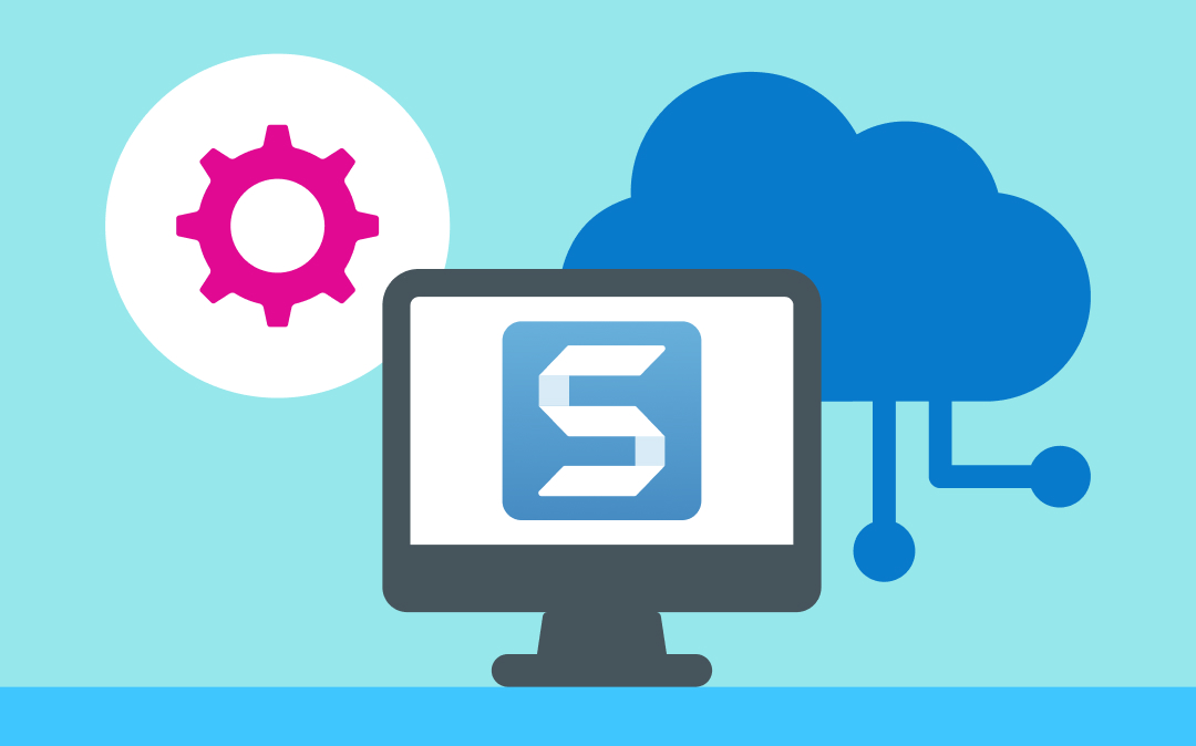 A Snagit logo alongside a cloud illustration and a gear illustration. 