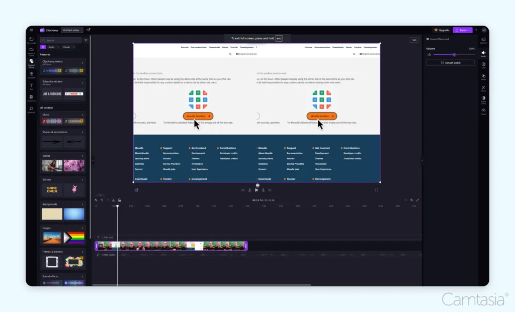The Clipchamp video editor interface showcasing a timeline with video clips and a preview of a "Moodle Sandbox" webpage. The sidebar on the left features options for music, text, and visual effects, emphasizing simplicity and creativity in editing.