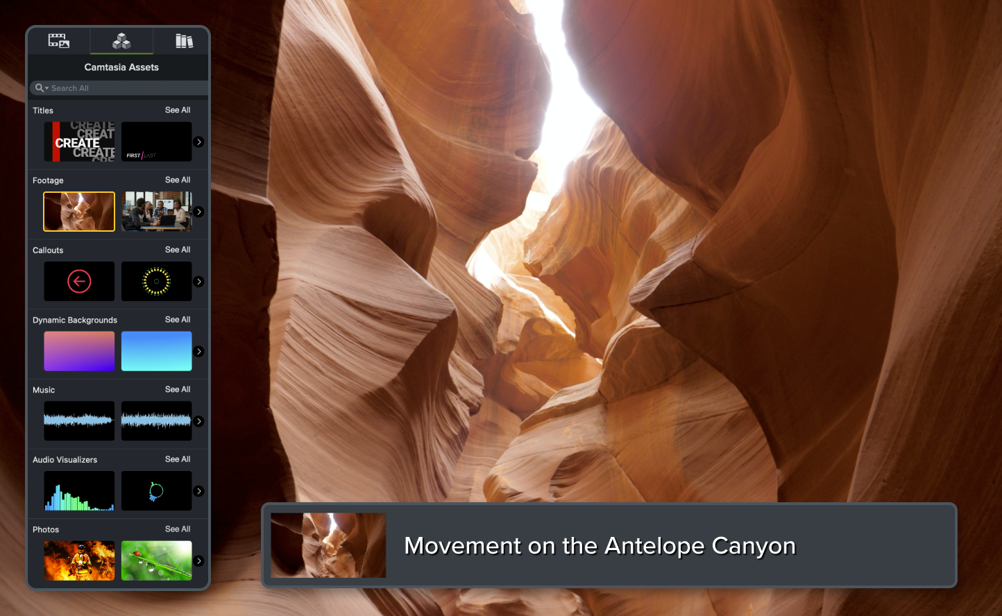 Accessing Assets for Camtasia inside the editor.