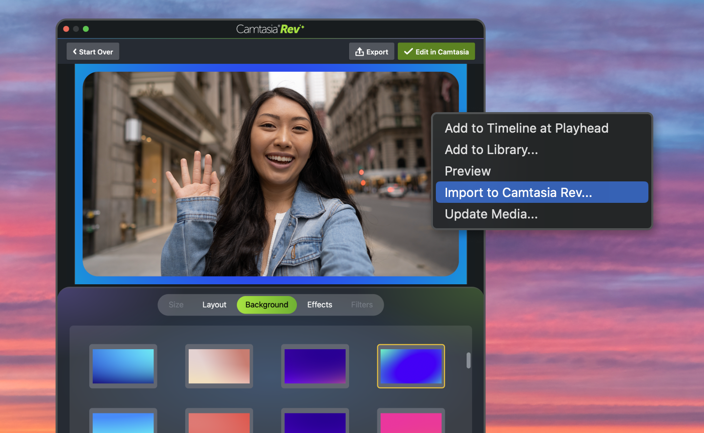 A video recording that was imported into Camtasia Rev with a background being applied to it. 