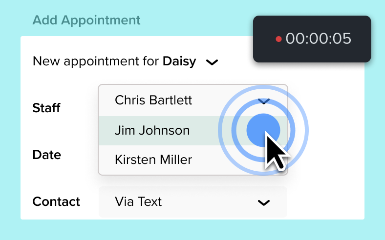 A cursor is selecting a name from a staff list with blue circles radiating from the cursor to indicate a click is happening.